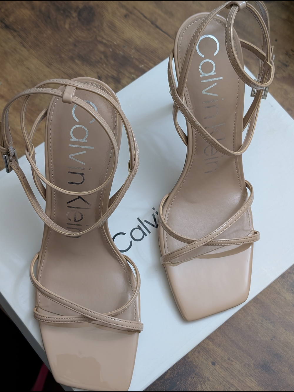 Calvin Klein Nude Strappy Square-Toe Heels